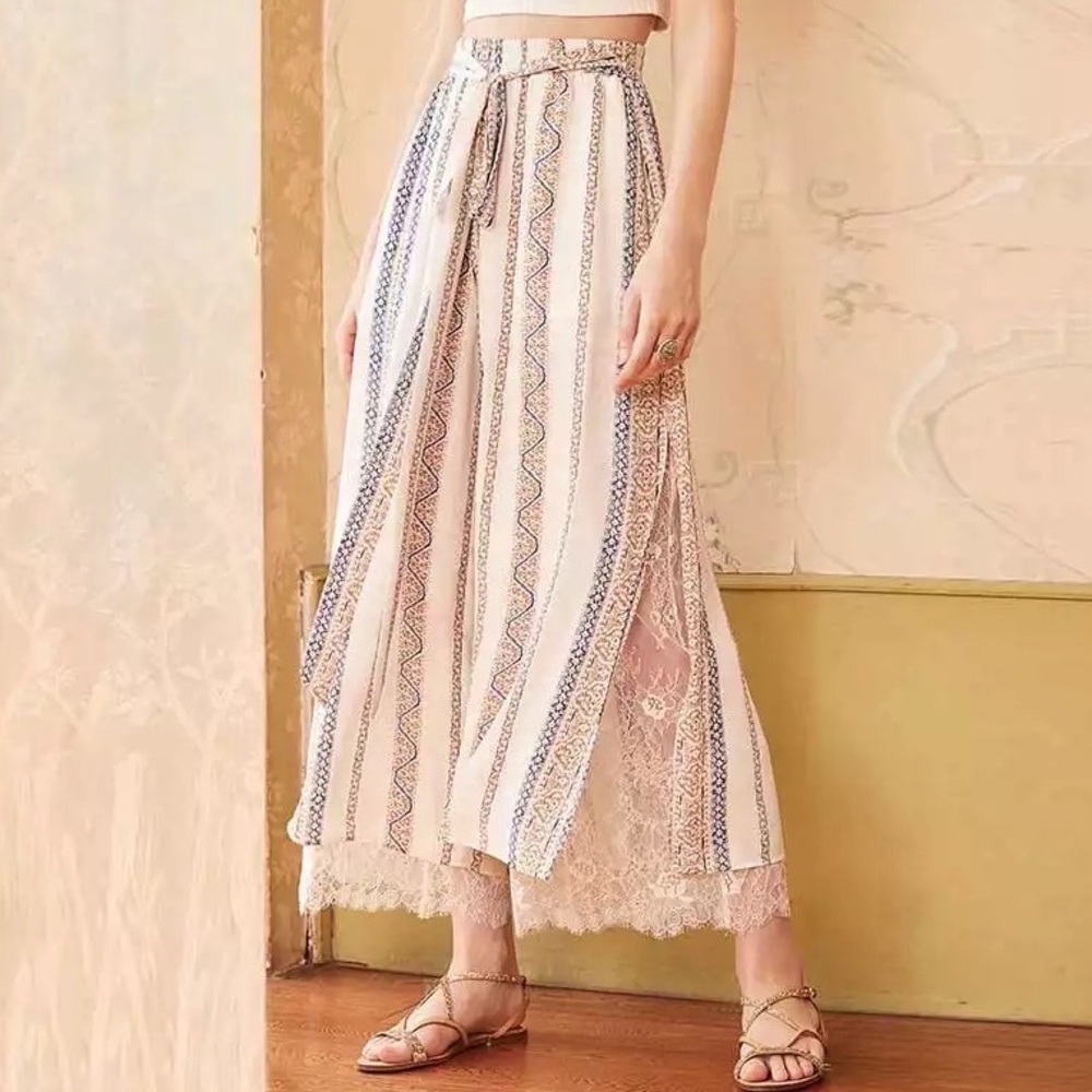 Lace print pants stripe waist tie split wide bottom woman white blue pocket